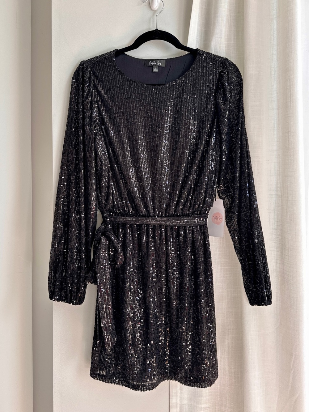 Black Sequin Long-Sleeve Belted Short Party Dress New, NWT size M